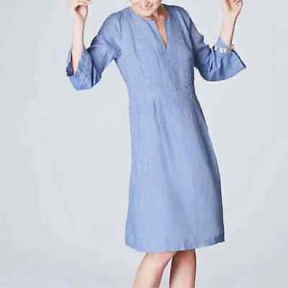 J Jill Love Linen, Chambray Blue Dress, Large Petite, Pockets, Side Zipper
